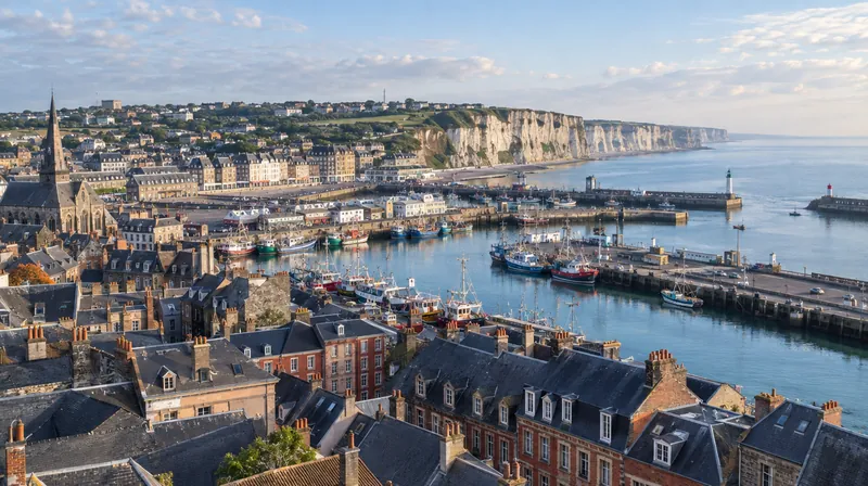 Vue sur le port de Dieppe, ses toits et les falaises de craie (illustration)