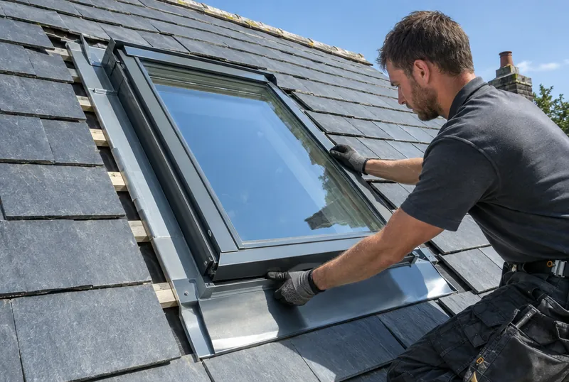 Pose d'une fenêtre de toit Velux dans une toiture en ardoise (illustration)